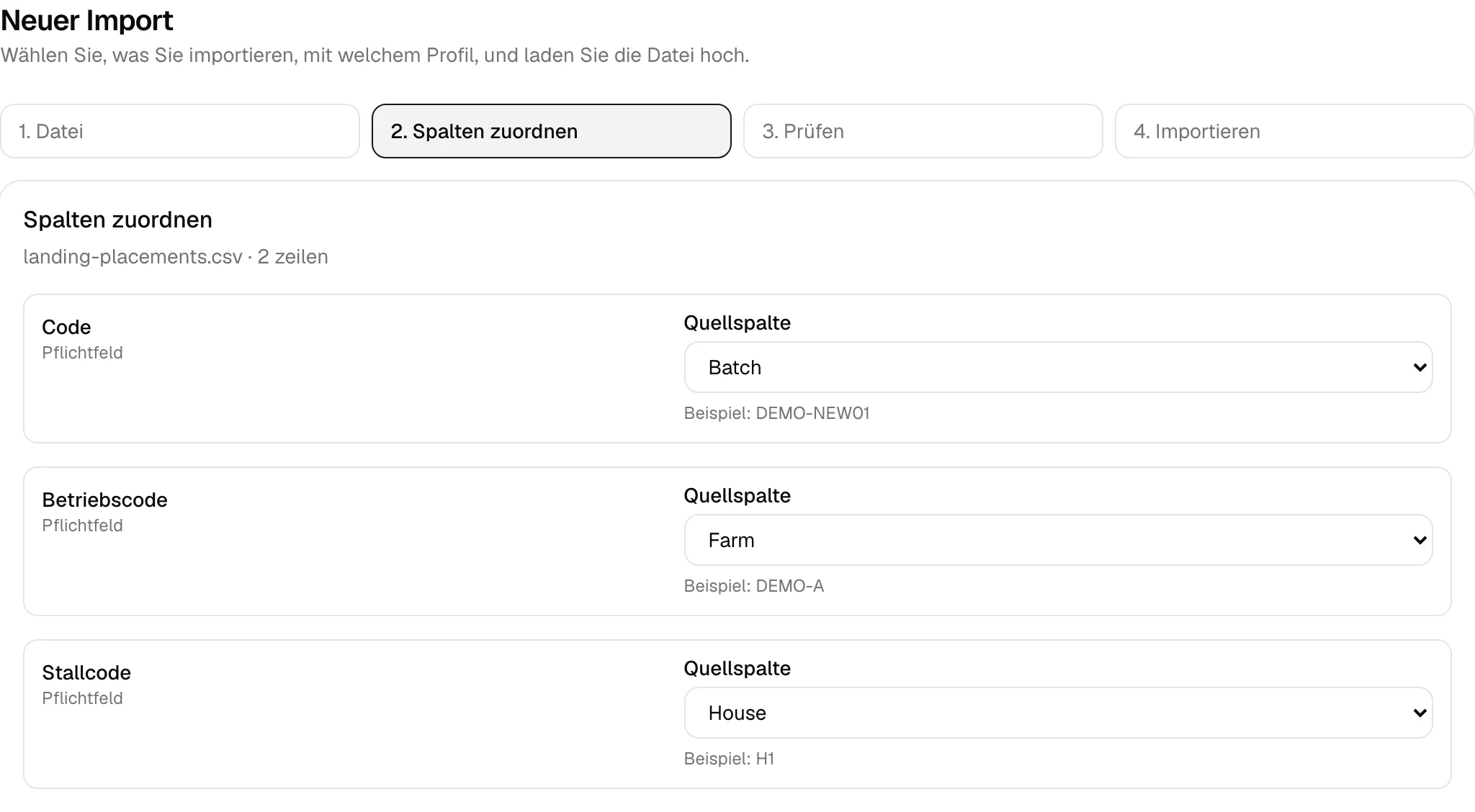 Zuordnung von CSV-Spalten zu Einstallungsfeldern in PoultryFlow mit Beispieldatensätzen zur Prüfung.