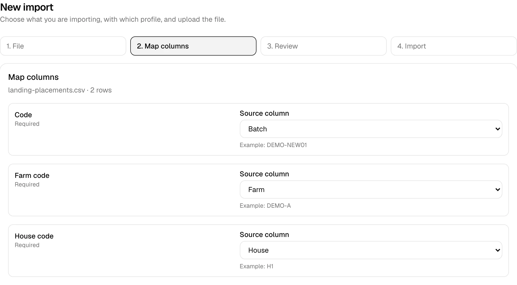 CSV columns mapped to placement fields in PoultryFlow, with sample records for review.